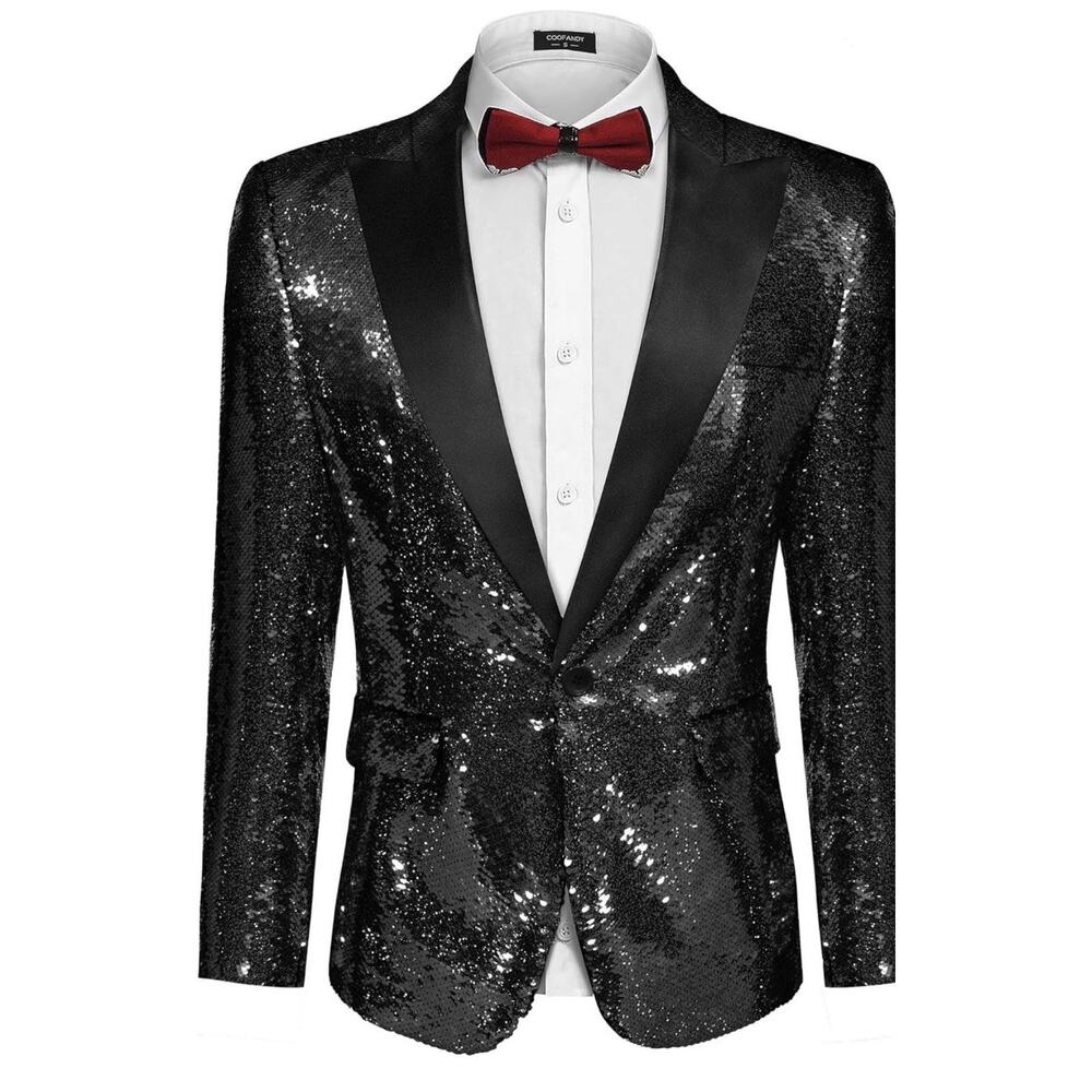 COOFANDY Mens Sequin Dinner Jacket Sparkly Glitter Shiny Black Suit Blazer M